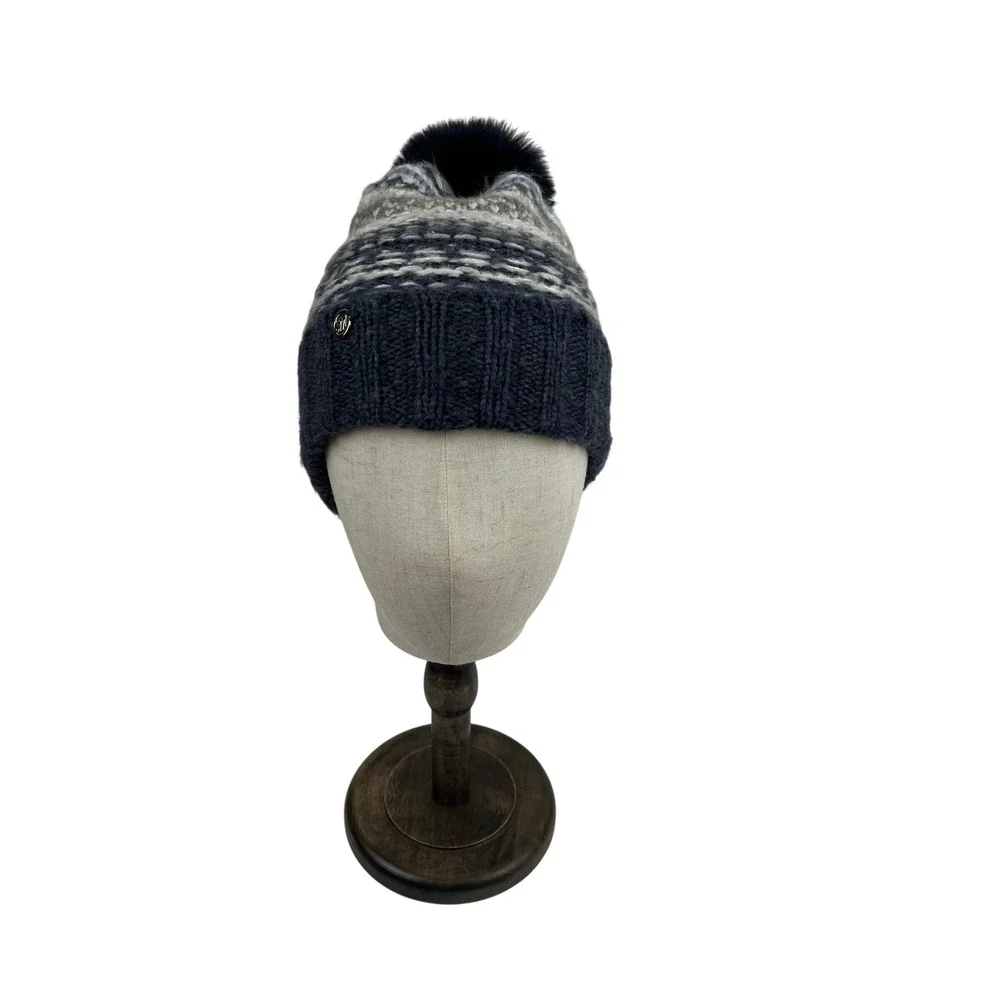 Steve Madden Womens‎ Fair Isle Knit Beanie Navy Grey Faux Fur Pom Pom One Size